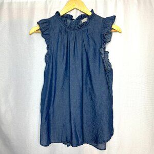 Cottage Boho soft chambray top with ruffled neck line and flutter cap sleeve, M